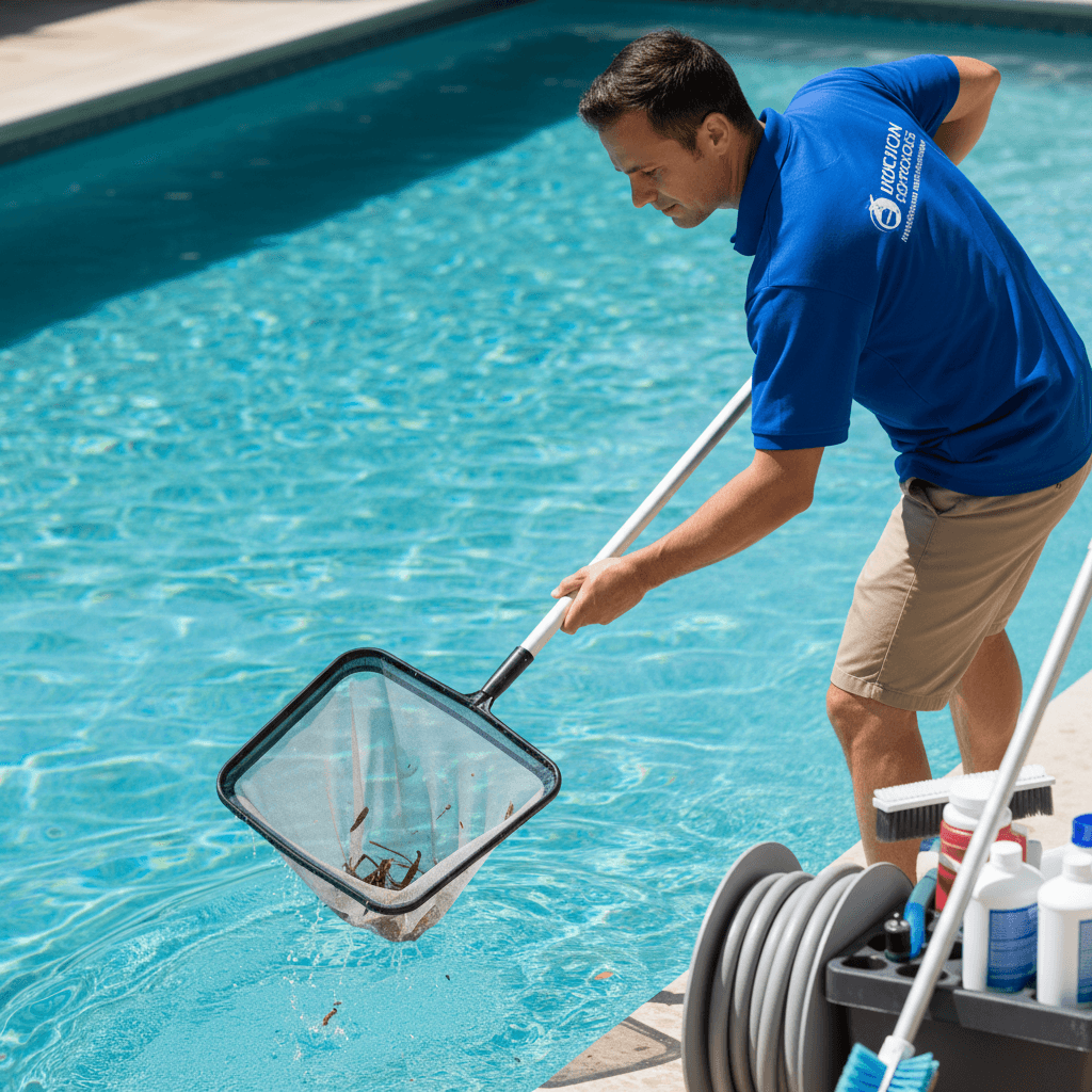 Professional pool technician performing weekly maintenance